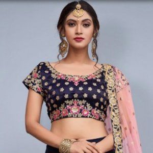 NAVY BLUE EMBROIDERED ART SILK LEHENGA CHOLI